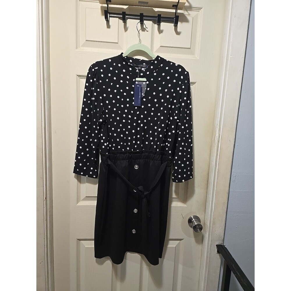 Adrienne Vittadini Black and White Dress w/ Ruffle Skirt Waist Tie Buttons L NWT